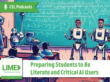 Two cartoon robots address a classroom of students.