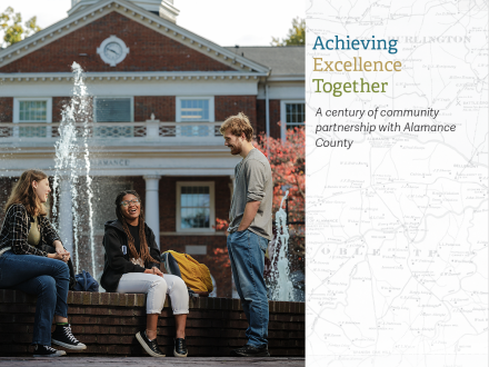 Elon-Alamance County partnership publication cover with people standing in front of Alamance Building