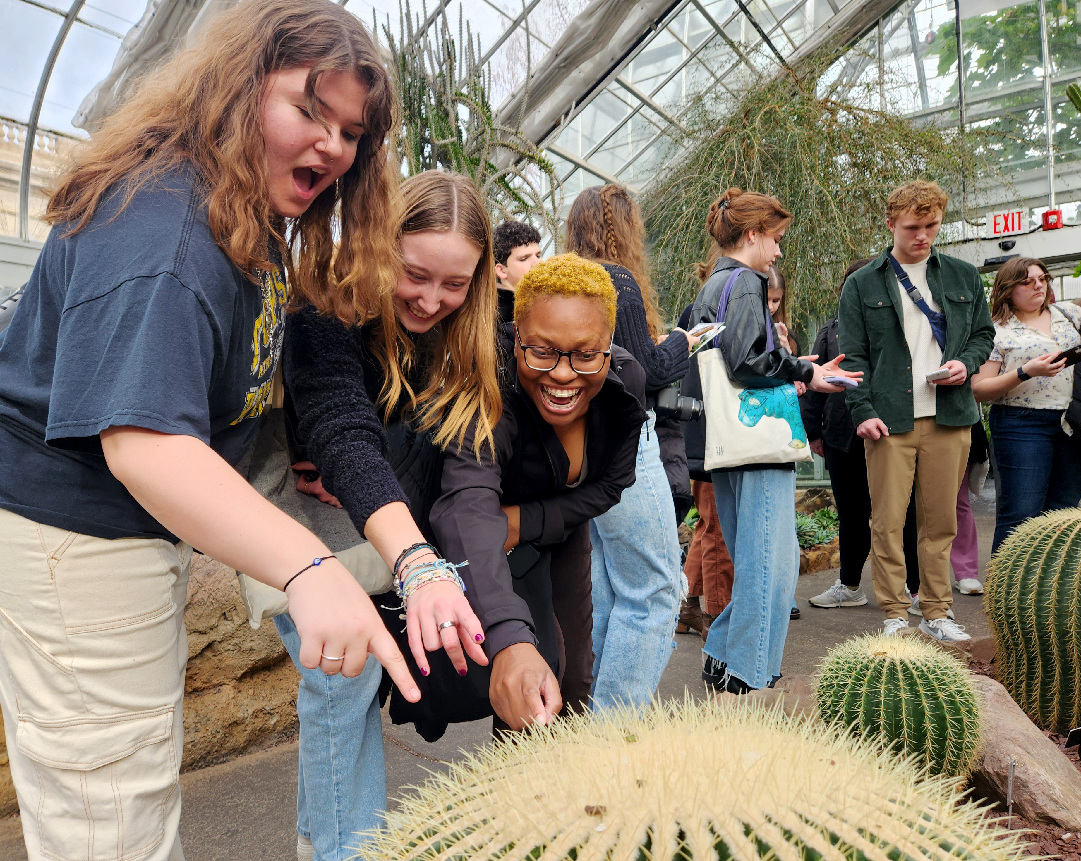 Three female students jokingly touch a large cactus' spines