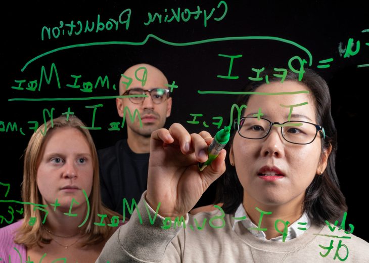 view through glass board of professor writing an equation while 2 students watch