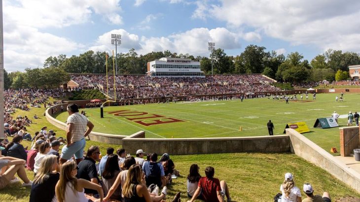 A scene from a football game at Rhodes Stadium at Elon University