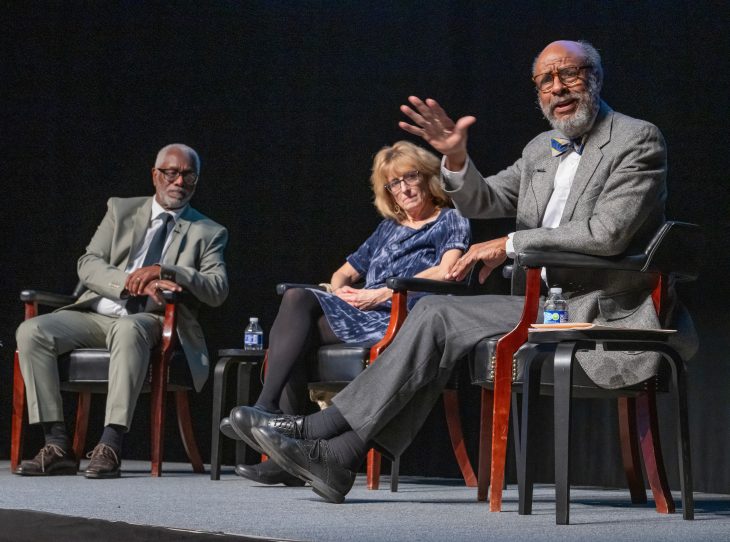 From left, Journalist Herb Frazier, poet Marjory Wentworth and historian Bernard Powers, the authors of ”We are Charleston: Tragedy and Triumph at Mother Emanuel,” speaking at the Martin Luther King, Jr. Commemorative Address in McCrary Theatre on Feb. 26, 2024.