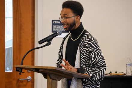 Trés Michael '19 presenting at the tenth annual Black Solidarity Conference on Friday, Feb. 23, 2024.