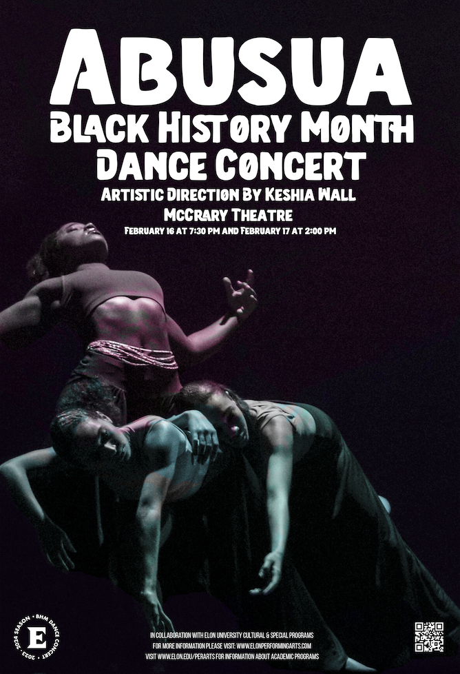 Black History Month Dance Concert "Abusua" poster featuring danceers and times for performances