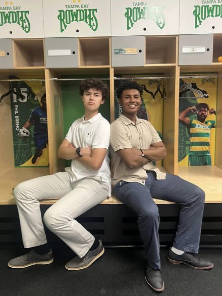 Two Elon Students in a Tampa Bay Rowdies locker room.