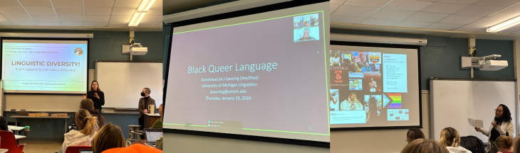 Three photos: Left, two presenters stand in front of a powerpoint that says "Linguistic Diversity: it ain't optional and y'all make a difference," Center, A PowerPoint slide that says "Black Queer Language" with a small zoom square in the top left, Right, a photo of Shaina Jones standing in the front of a room of students. 