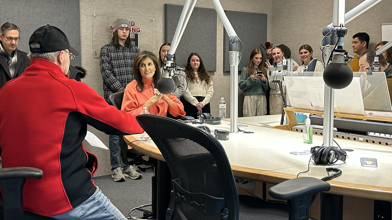 Elon students listen to Nikki Haley at on “Good Morning New Hampshire with Jack Heath" studio.