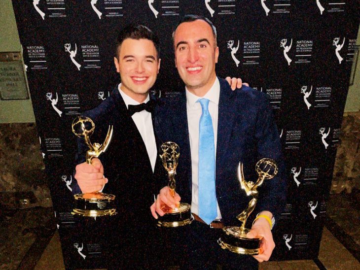 Joe Bruno ’14 (right) stands with fellow Eyewitness News Reporter Hunter Sáenz. “It was a dream to share the stage and this award with one of my best friends, Hunter,” Bruni said. “The two of us have been inseparable in Charlotte. He is a gifted journalist and an even better friend.” Photo courtesy of Bruno.