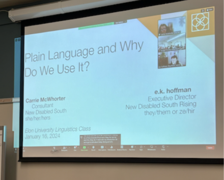 A powerpoint screen with the text "Plain Language and Why Do we Use it" with two zoom boxes in the top right. 