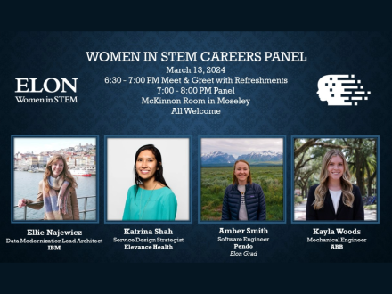 Promotional graphic for Elon Women in STEM Careers Panel is March 13 at 6:30 in McKinnon Hall