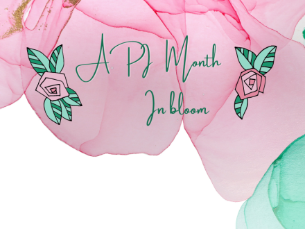 Pink flower petals with the words "API Month In Bloom"