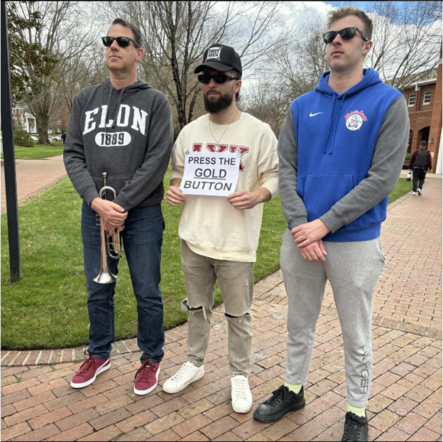 Vice President for Student Life Jon Dooley (left) worked with Joey Gizzi '18 and Steven Lannum '18 of AreYouKiddingTV fame on TikTok to add some fun to Elon Day 2024. 