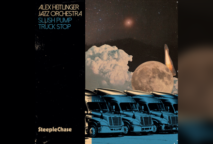 an album cover with illustrations of trucks, clouds, the moon