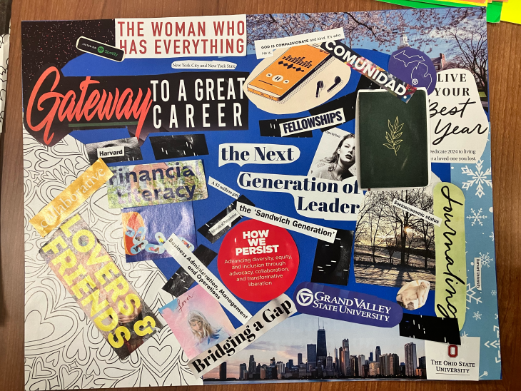 Words like "the woman who has everything" and "gateway to a great career" are combined with an assortment of images, like a cityscape, to form a collage. Much of the base of the collage is a dark blue and some of the words and images create splashes of reds and yellows.