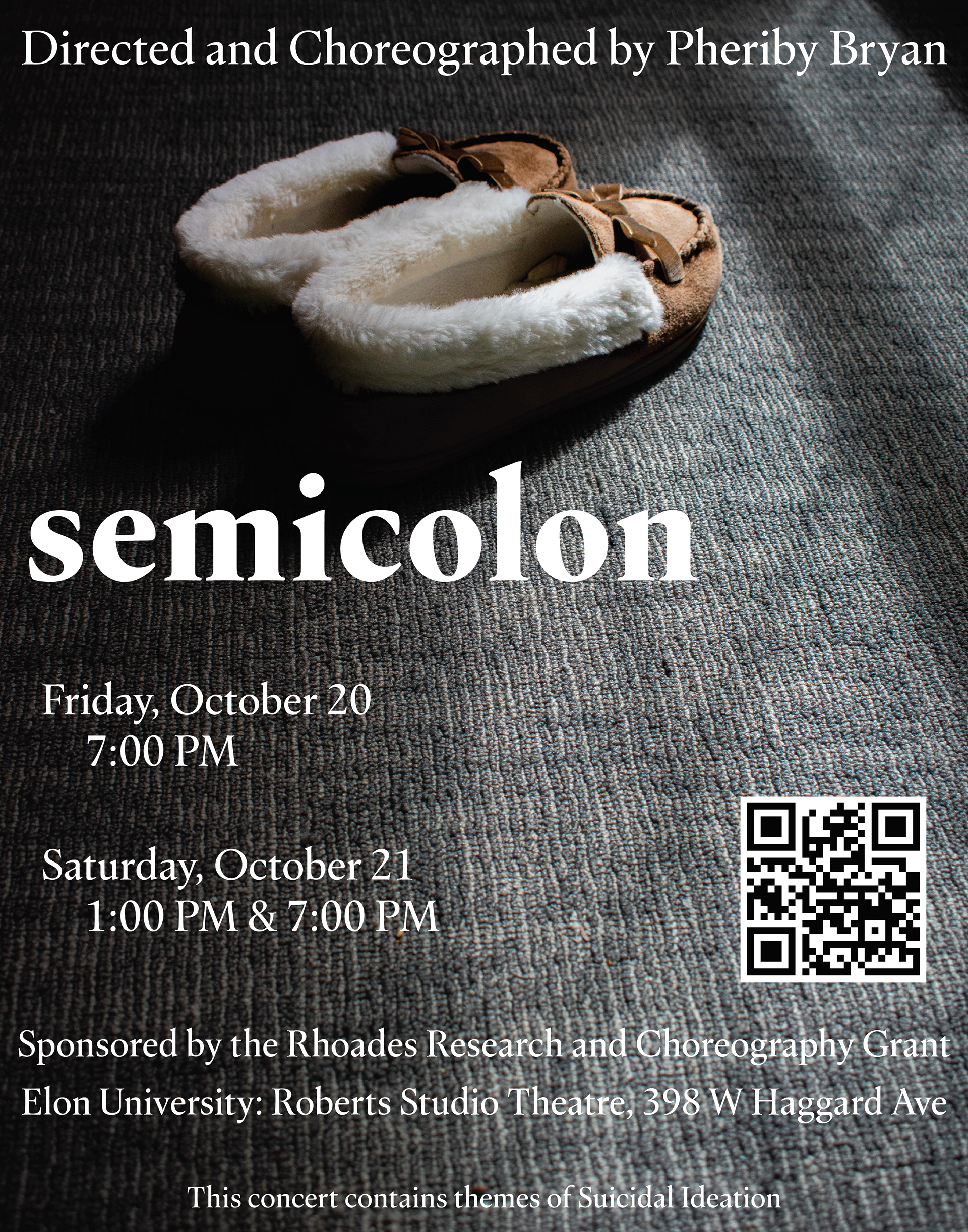 Semicolon poster showing a pair of slippers on a gray carpet