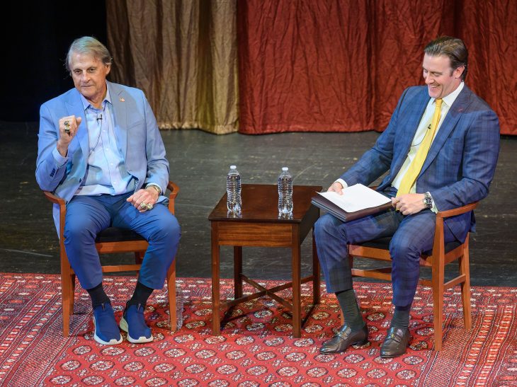 MLB Hall of Fame Manager Tony La Russa speaks with attorney Mark Jetton, Jr. '06 L'09, who moderated Elon Law's 2023-2024 Distinguished Leadership Lecture on April 10, 2024, at the Carolina Theatre of Greensboro.