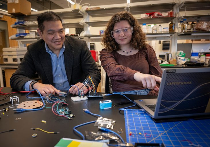 Jonathan Su, Assistant Professor of Engineering, and Lumen Scholar Vivian Krause ’24, photographed February 14, 2024.