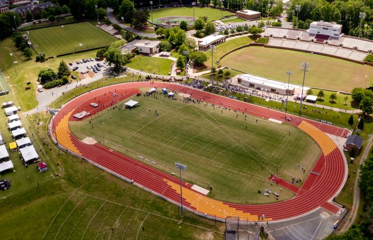An aerial view of the 2024 CAA Outdoor Track & Field Championship at the Jeanne and Jerry Robertson Track and Field Complex at Elon University on May 10, 2024.