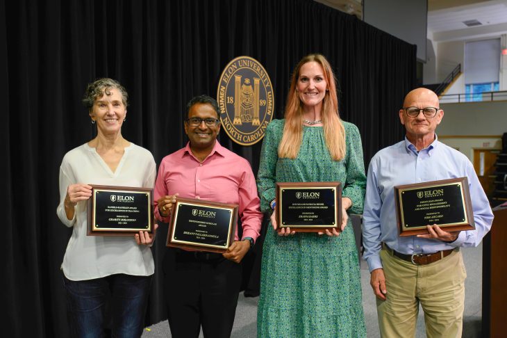 Recognized at the 2024 Faculty and Staff Awards Ceremony are, from left, Professor of Physical Therapy Education Charity Johansson, Associate Professor of Physical Therapy Education Srikant Vallabhajosula, Associate Professor of Sport Management Shaina Dabbs and Professor of Sociology Tom Arcaro.