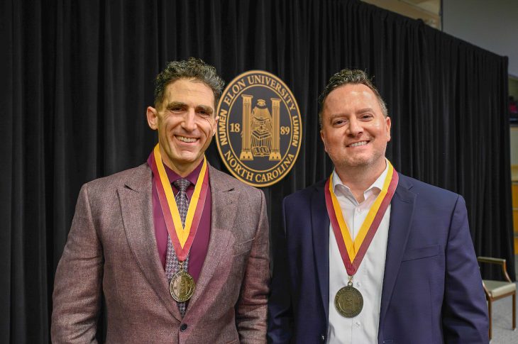 Professor Joel Karty, left, and Associate Professor Brian Lyons were awarded named professorships during the Faculty and Staff Awards Ceremony on Tuesday, May 14, 2024.