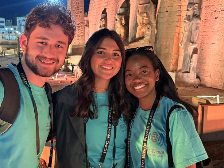 Elon students Ryan Kupperman ’25, Isabel Gouveia ’24 and Donelle Leak ’25 take in the sights while traveling to Luxor, Egypt.