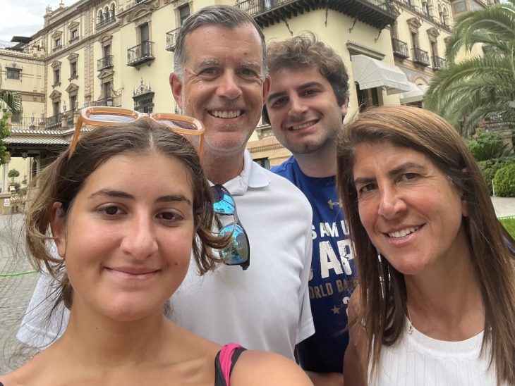 Jeff Russo P'24 and Nahla Azmy P'24 with son Trevor and daughter Ranya '24 in Seville, Spain.