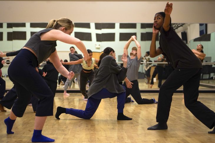 Performing Arts students in dance workshop class taught by members of Urban Bush Women.