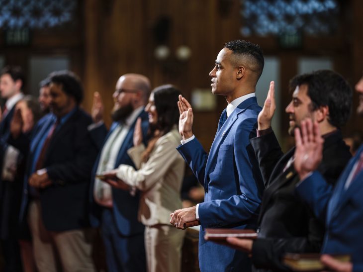 Fourteen Elon Law graduates were sworn into the practice of law on May 23, 2024, in a ceremony sponsored by the Young Lawyers Section of the Greensboro Bar Association.