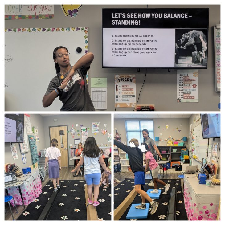 Raya Coley, 2nd year DPT student talking about balance (top picture); ACS students doing tandem walk and balancing on a single leg on a foam pad (bottom pictures)