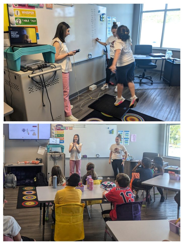 Victoria Toal and Lindsay Watkins measuring how high ACS students jump using the Just Jump mat (top picture) and talking about the role of muscles in helping to jump in various sports (bottom picture)