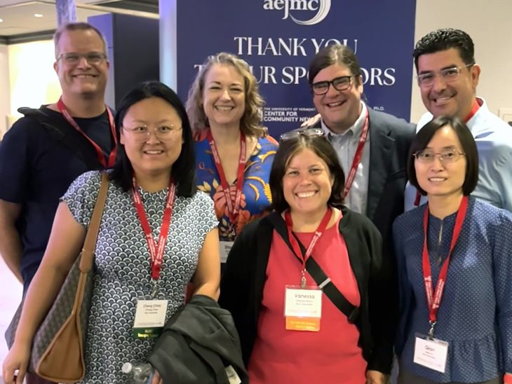 The School of Communications was strongly represented at the 2024 AEJMC Conference. Pictured (front, from left) are faculty members Chris (Cheng) Chen, Vanessa Bravo, Qian Xu, (second row, from left) Brian Walsh, Shannon Zenner, Hal Vincent and Israel Balderas.