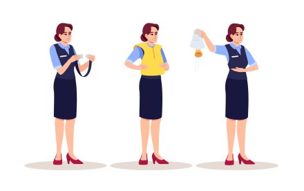 Stewardes emergency instructions semi flat RGB color vector illustration set. Female airplane attendant demonstrate safety rules. Aircraft staff member isolated cartoon character on white background