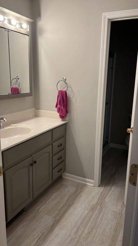 A small bathroom with a single-sink vanity, light wood flooring, and a magenta hand towel hanging on the wall.