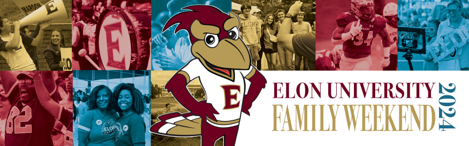 Elon University Family weekend banner with a cartoon Phoenix and pictures of a football player, students and family members and other events