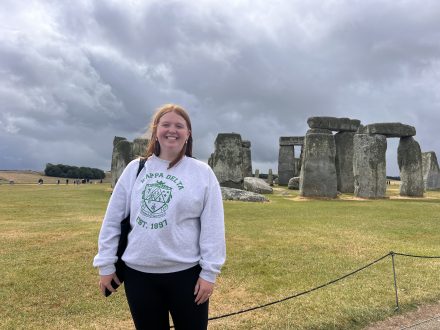 Leeann Beckham in front of Stonehenge