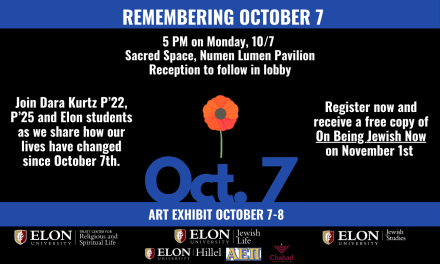 A flyer advertising the October Seventh exhibition at Elon with event details. 