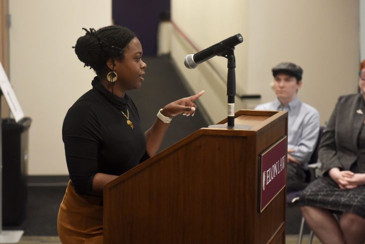 Savannah Stinson L'25 won first place for her original work, "Black Like Me," in Elon Law's 6th Annual "High Rhymes and Misdemeanors" Poetry Slam on October 22, 2024.