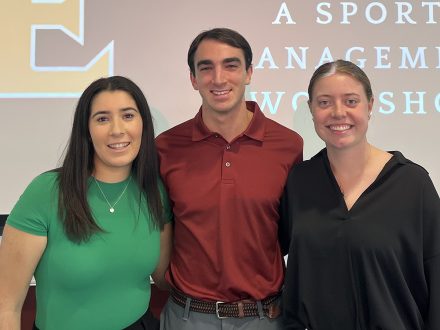 Abigail Selikoff ’26, Anthony Bamford ’25 and Sarah Dawkins ’25 take a photo in Charlotte