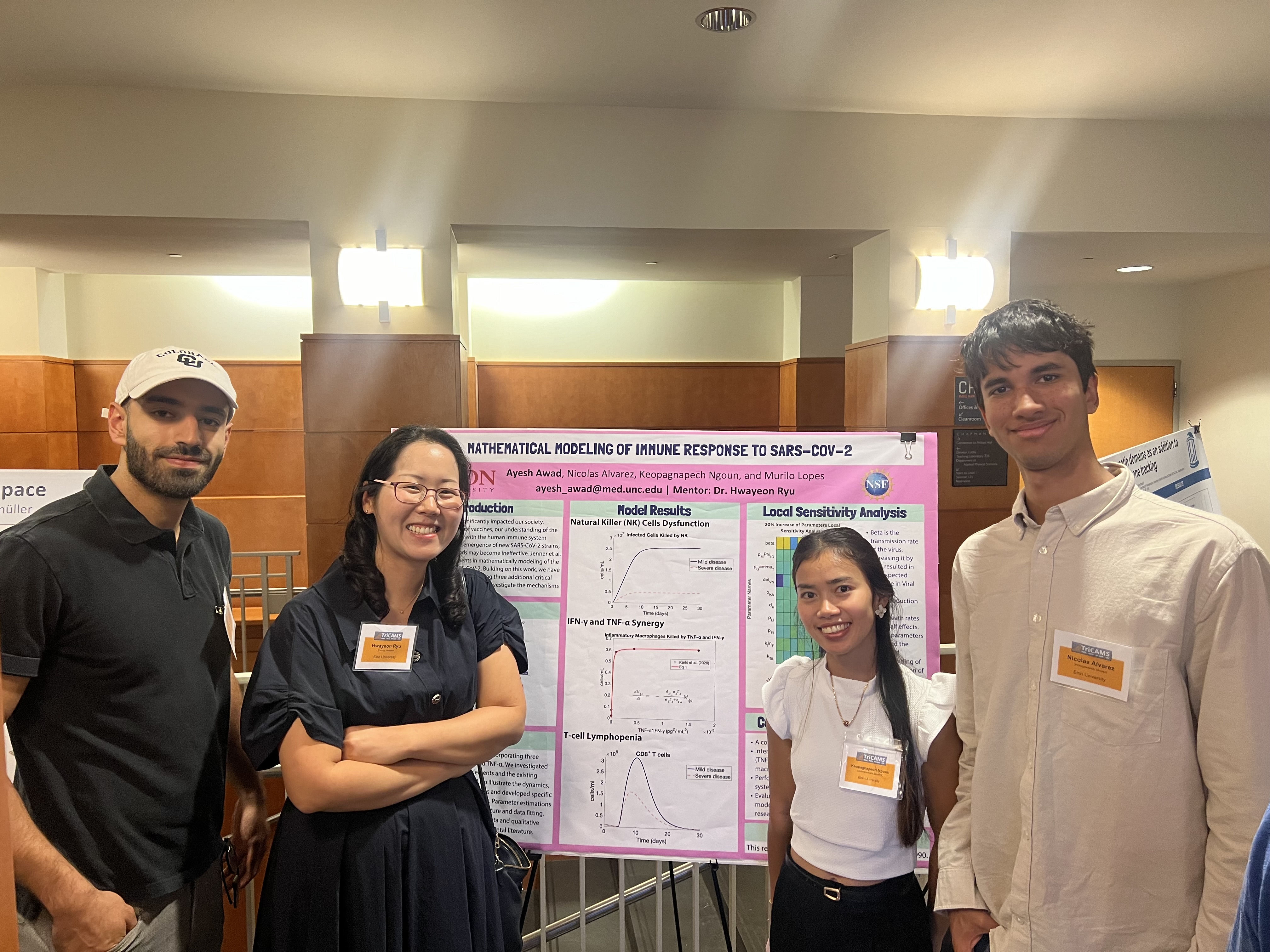 Left to right: Alum Ayesh Awad ’24, Associate Professor of mathematics Hwayeon Ryu, Pagnapech “Pech” Ngoun ’26 and Nicolas Alvarez ’27.