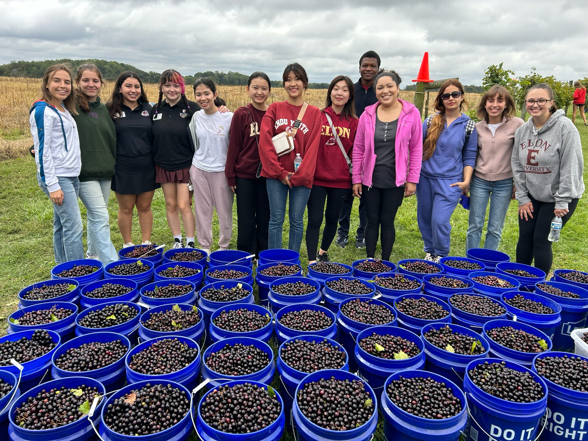 People stand in front of buckets of grapes