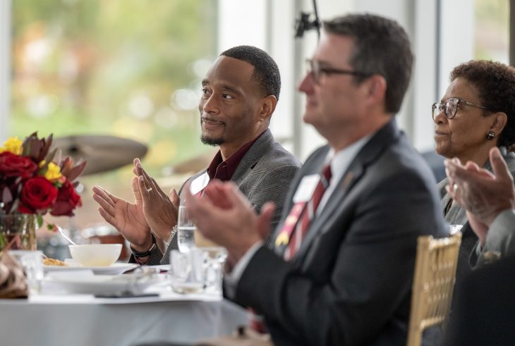 Randy Williams, Vice President and Associate Provost for Inclusive Excellence and Associate Professor of Education, applauds award winners at the EBAN Alumni Awards Celebration at the Snow Family Atrium, November 5, 2022.