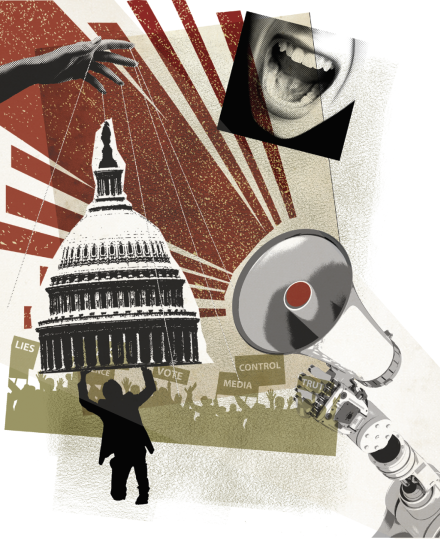 A composite depicting a hand holding the dome of the U.S. Capitol on puppet strings while the silhouette of a person holds up the dome from underneath. The composite also includes a large megaphone and a close-up of a person's mouth screaming.