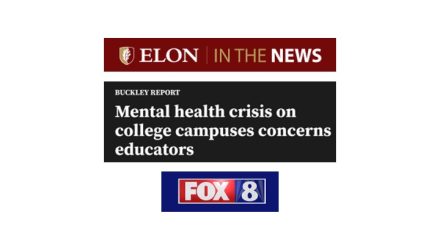 Three boxes with text. The first says "Elon in he News," the second says "Mental health crisis on college campuses concerns educators, the third box says "Fox 8." All images are on a white background,