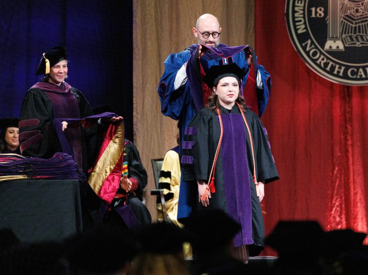 Elon University School of Law conferred degrees on 134 graduates in a Commencement program in Alumni Gym on Dec. 13, 2024.