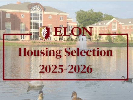 A pond with buildings in the background. The text reads "Elon University Housing Selection 2025-26" and is surrounded by a maroon box. Ducks are swimming in the lake.