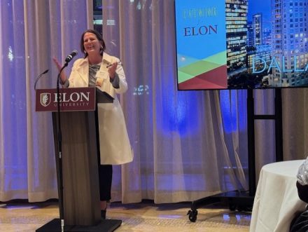 President Connie Book speaks at Elon podium