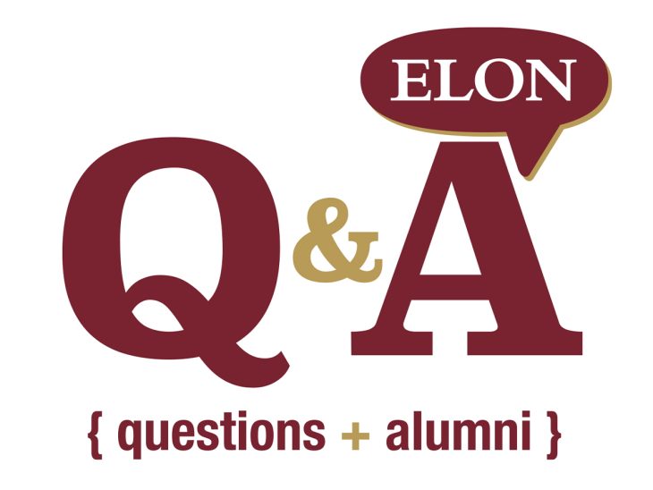 The words "Q&A" in big letters with a text bubble that says "Elon." In brackets below, the words "Questions + alumni"