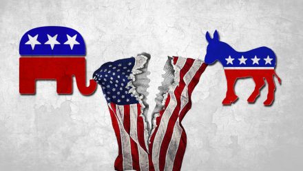 Illustration of torn American flag between Republican elephant and Democratic donkey symbols against a white crackled background.