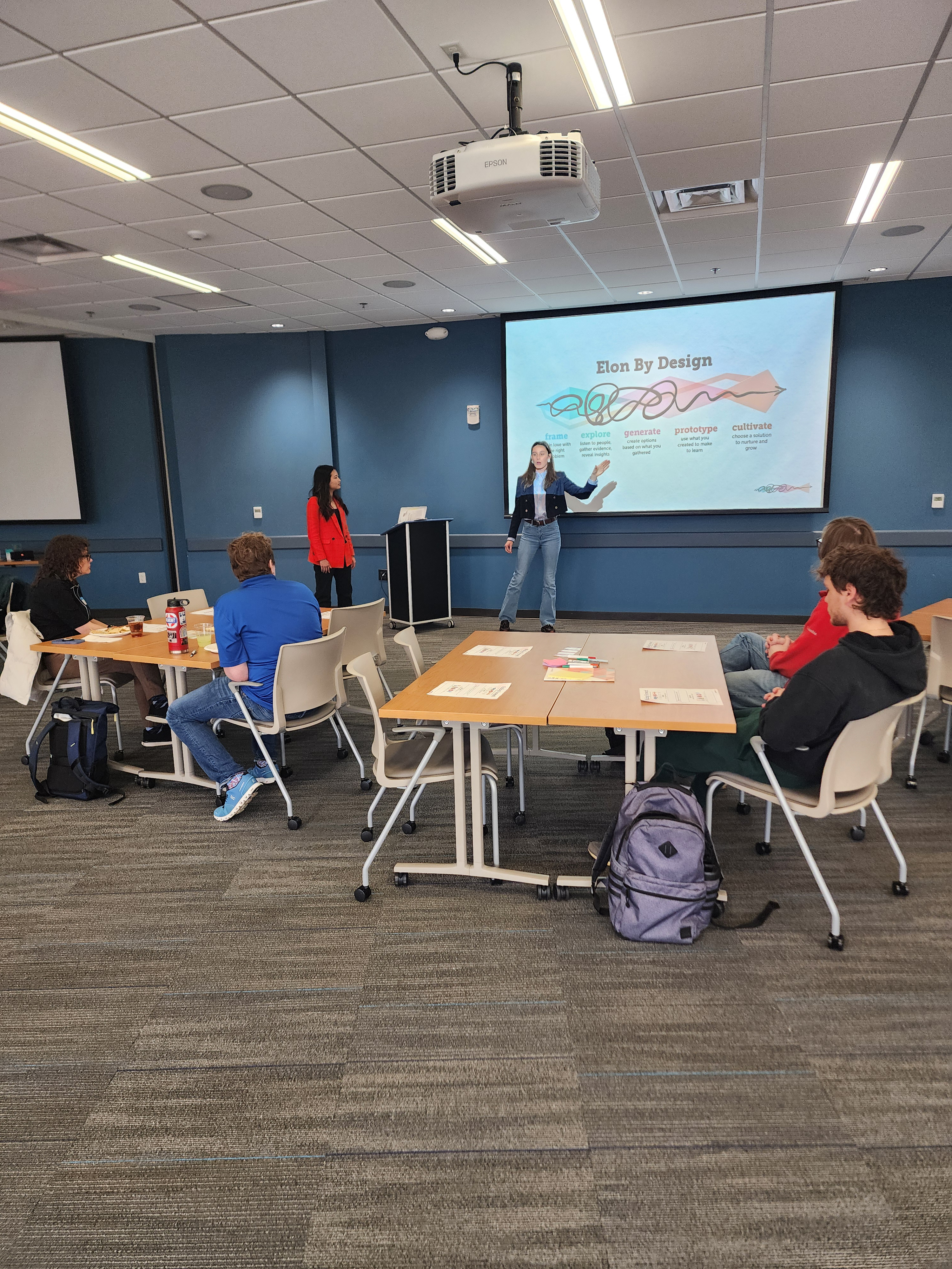 Two presenters stand at the front of a classroom giving a talk on “Elon By Design” as students seated at tables listen and watch the presentation projected on a screen.