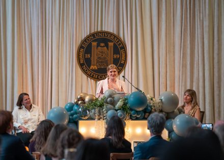 Morgan Stonebridge ’17 giving her acceptance speech at the 2025 Top 10 Under 10 Alumni Awards Ceremony on the campus of Elon University